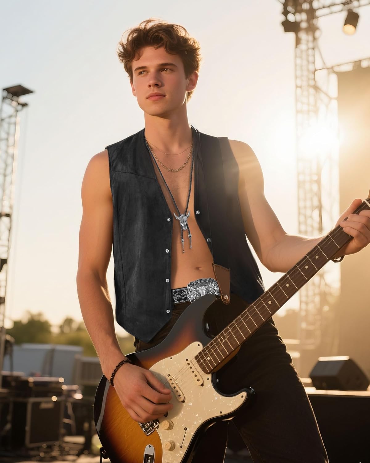 Western Cowboy Outfit for Men Faux Suede Vest Western Belt Necktie and Bandana for Halloween Costume Party - Image 5