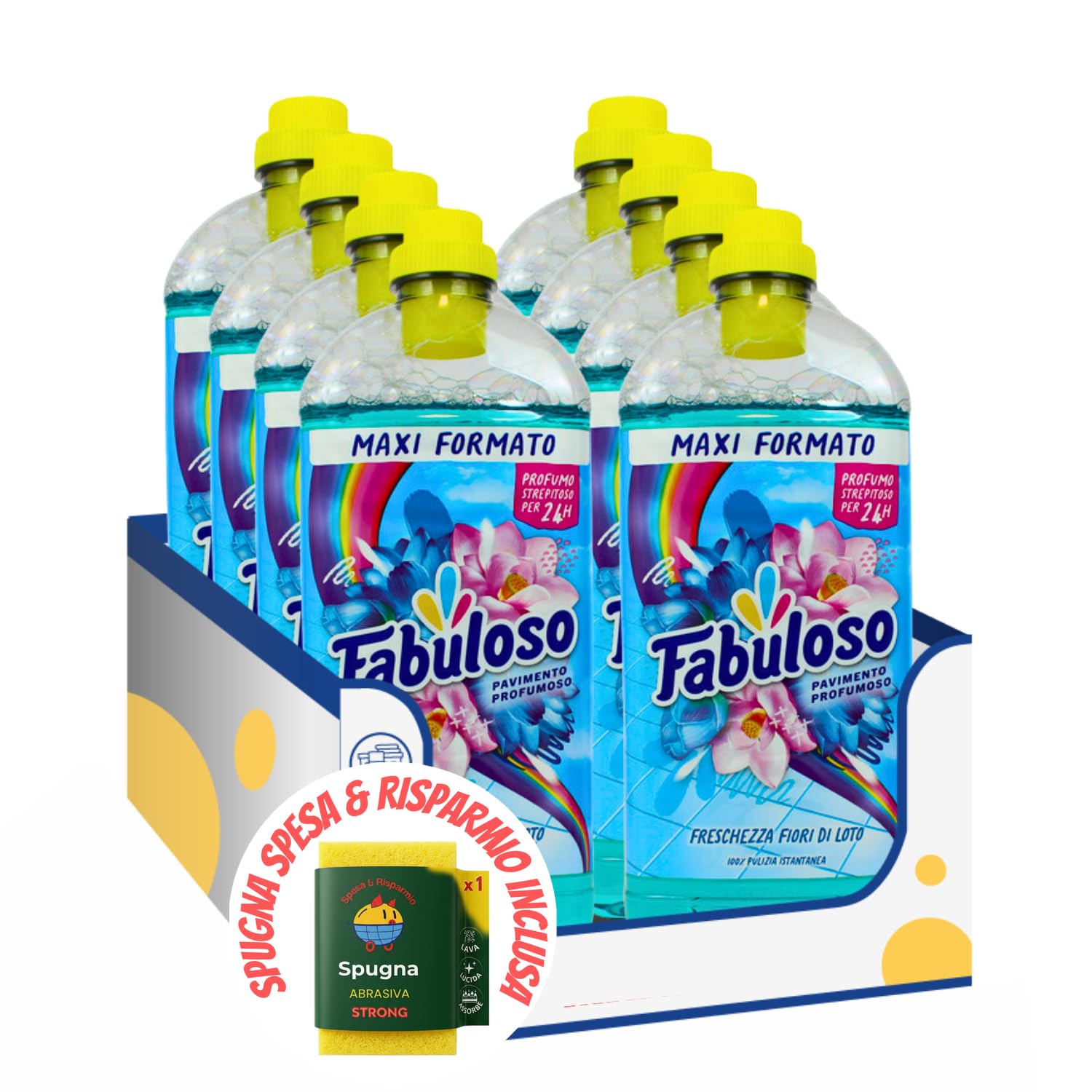 Detergente pavimenti profumato Fiori di Loto – Maxi Formato 1,25 L kit con Spugna Brandizzata SPESA & RISPARMIO Inclusa – Variazioni 4/8/12 Pezzi (8)