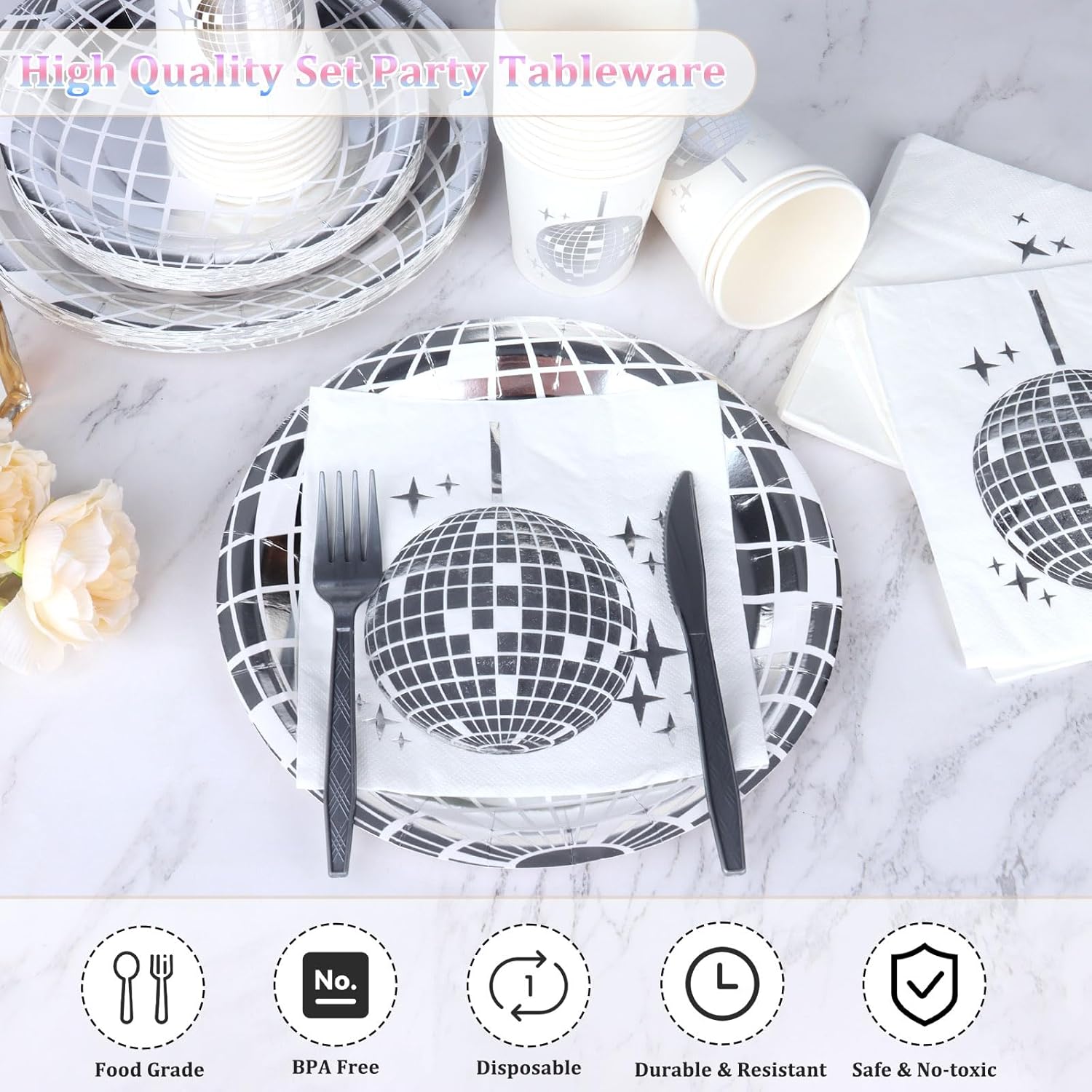 175Pcs 70s Disco Party Supplies - Disco Plates, Napkins, Paper Cups, Knife and Fork - Decorations for Wedding, Birthday, Picnic, Bachelorette Party (Silver) - Image 5