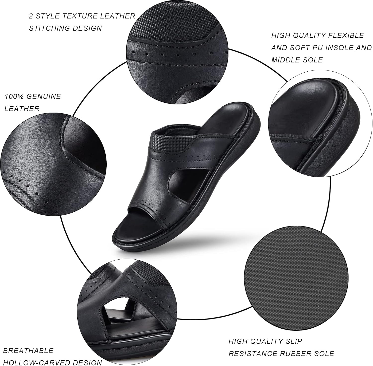 FIEEIF Men's Leather Slides Open Toe Outdoor Slippers Comfort Arch Support Retro Casual Flip Flops Summer Fisherman Slip On Sandals for Men