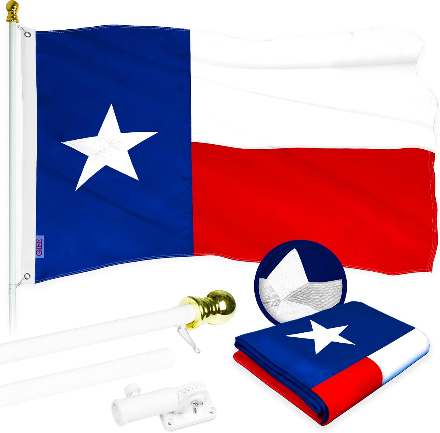 G128-5 Feet Spinning Flagpole (White) Texas Flag Brass Grommets Embroidered 2x3 ft (Flag Included) Aluminum Flag Pole
