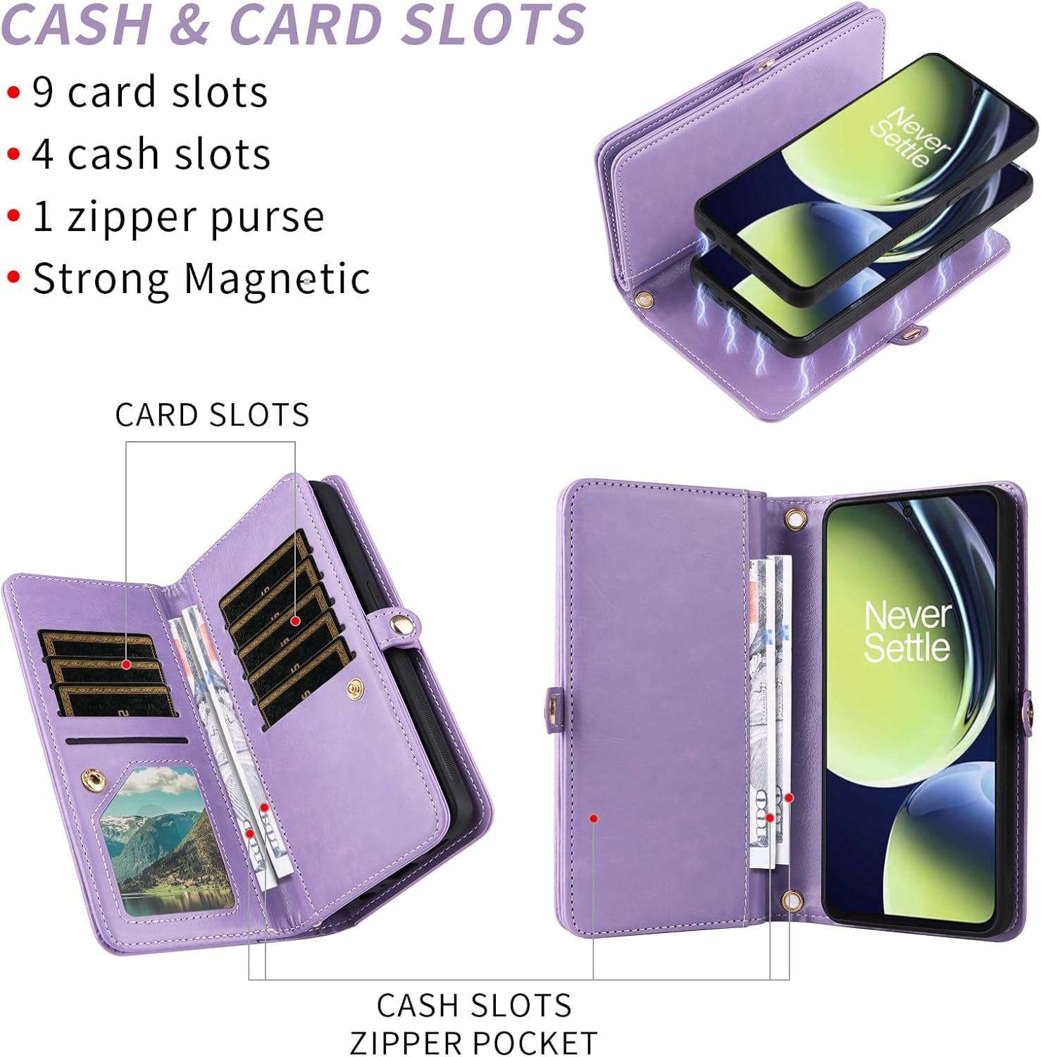 Asuwish Phone Case for OnePlus Nord N30 5G/CE 3 Lite Zipper Wallet Cell Cover with Tempered Glass Screen Protector Strap Bling Glitter Flip Card Holder Oppo K11x/One Plus 1 1+ N 30/CE3 Women Purple