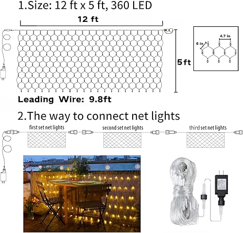 Miniatura 5 de hyrion Luces de red de Navidad de color blanco cálido con 8 modos de iluminación, 12 x 5 pies, 360 luces LED de malla impermeables para árboles de