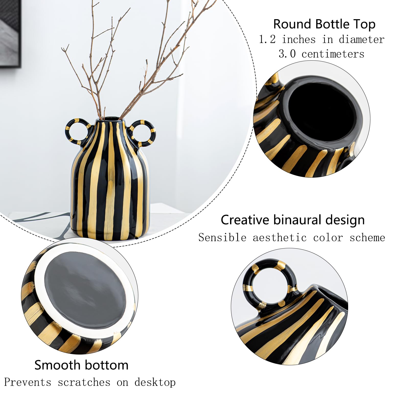 Schwarze Keramikvase Mit Goldakzenten – 19,1 Cm Hoch, Gewelltes Design Für Blumen & Deko