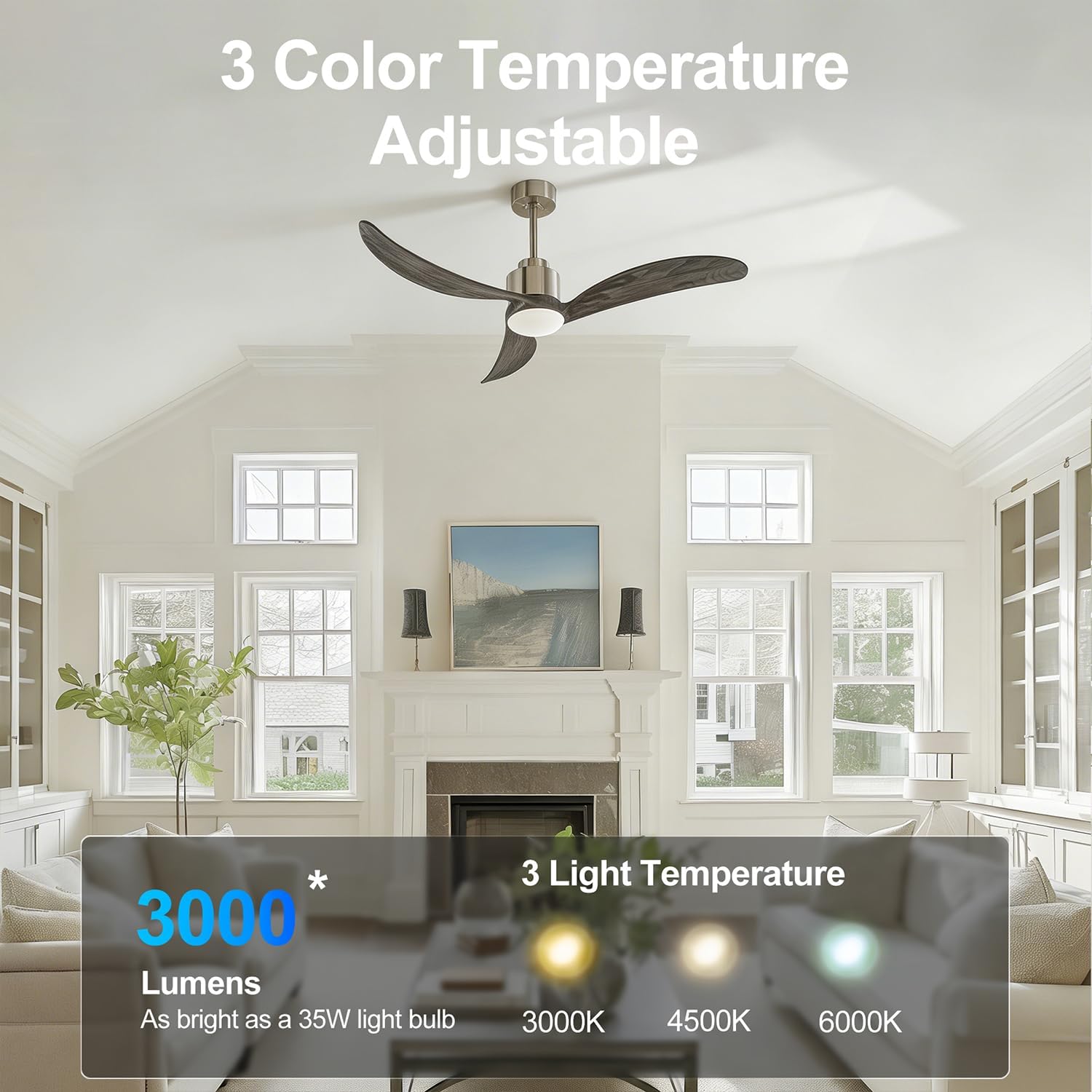 52 inch Ceiling Fans with Lights and Remote Control, Reversible, 3 Wood Blades, 6 Speeds, 3CCT Dimmable, Noiseless, Indoor/Outdoor Silver brushed grey Ceiling Fan for Bedroom Living Room Gazebo Patio