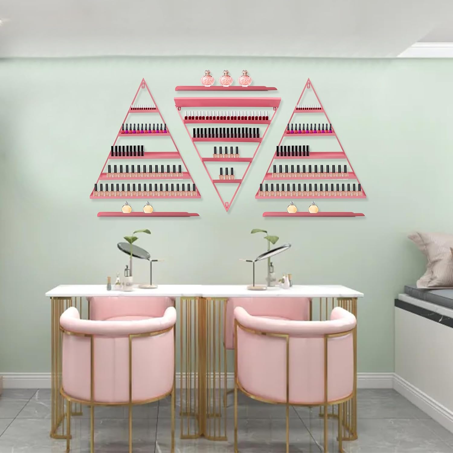 Wall-Mounted Nail Polish Rack, 5 Tier Triangular Cosmetic Display Shelves Set of 6 Essential Oil and Perfume Combo Rack for Nail Salon Shop (Pink)