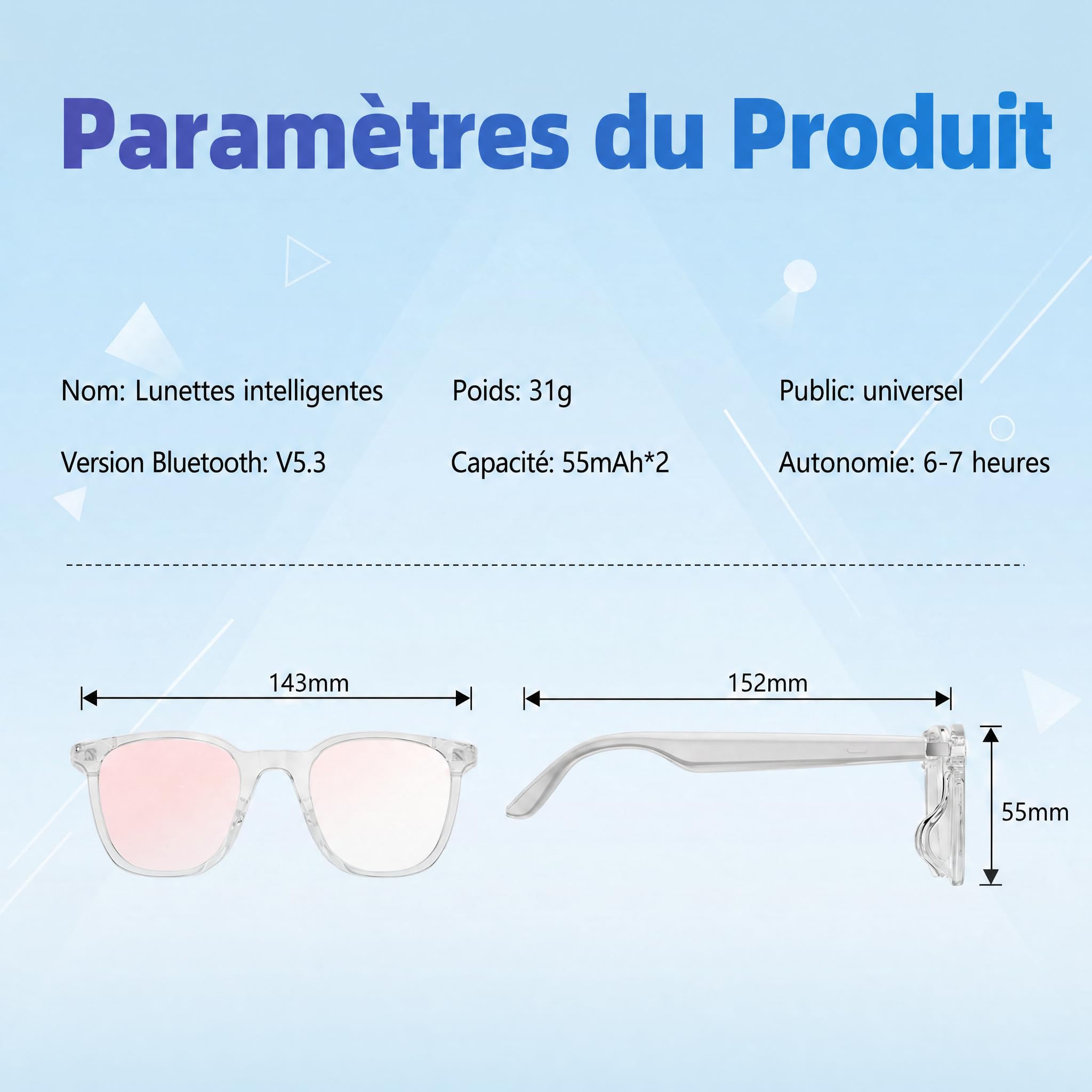 Lunette Connectée Audio Bluetooth 5.4, Appels Mains Libres & Musique, Commande Vocale, Batterie Longue, Lunettes Intelligentes Légères pour Sport Extérieur