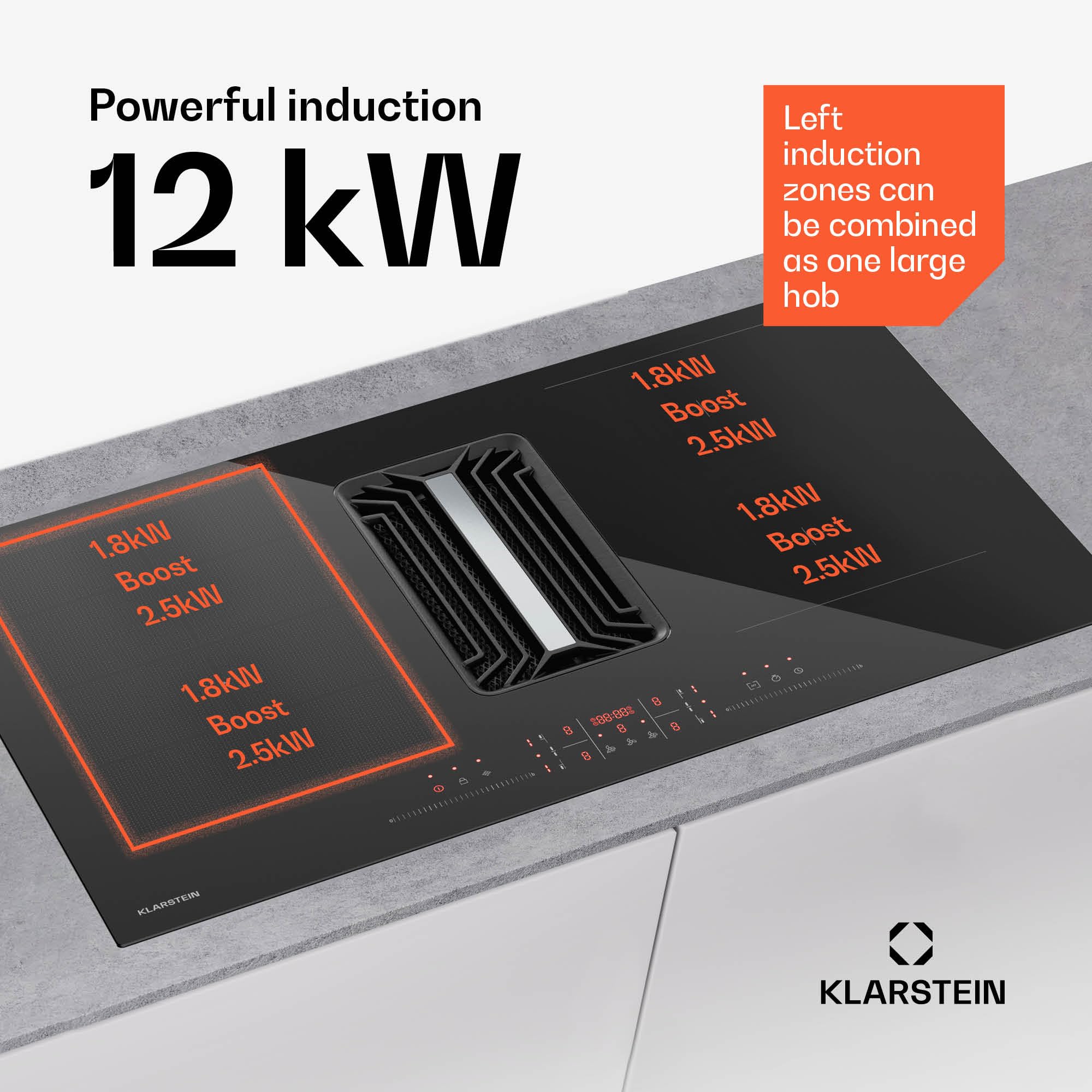 Klarstein AirJet Płyta indukcyjna z okapem - 12 kW, Boost 750 m³/h, Klasa energetyczna A++, 9 stopni, Panel dotykowy, Cicha 58 dB, Bridge-Connect, Aluminium i filtr węglowy, Czarna