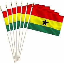 Ghana Mini Flag 5x8 Inch 20 Pack Wood Stick Handheld | Small Ghana flag set iconic red, yellow and green stripes with black star. Lightweight polyester for parades, parties