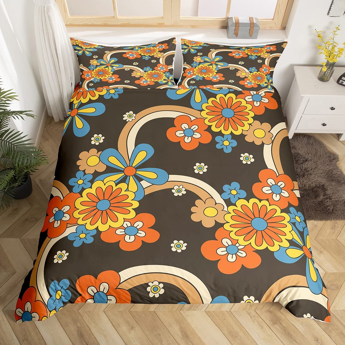 Homewish Girls Multi 17 Hippie Duvet Cover Vintage Groovy Flower Bedding Set For Teens Adult,Colorful 60'S 70'S Funky Floral Quilt Cover 1960 1970 Party Daisy Art Bed Set With 2 Pillow Sham Home Room Decor King