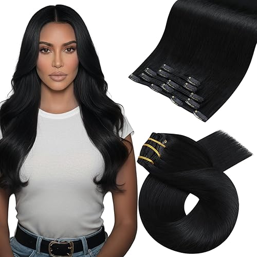 Moresoo Clip in Hair Extensions Real Human Hair Double Weft Human Hair Clip in Extensions Straight Jet Black #1 5pcs 80g 16inch