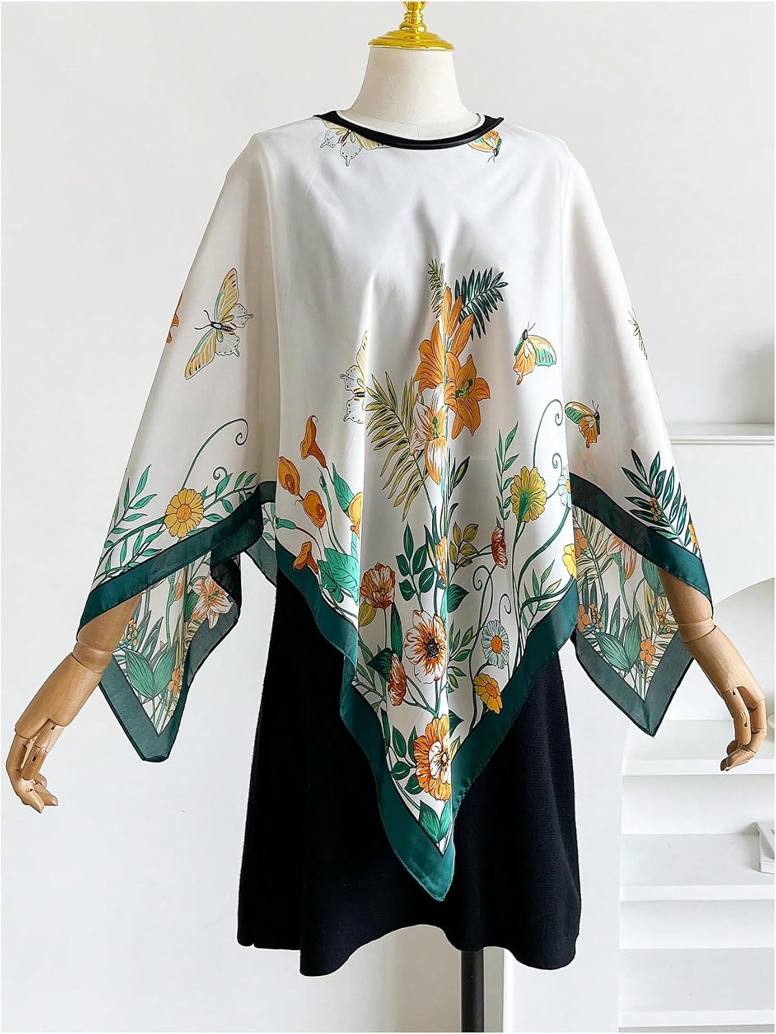 Floerns Women's Floral Crew Neck Poncho Shrug Asymmetrical 3/4 Sleeve Wraps Shawls