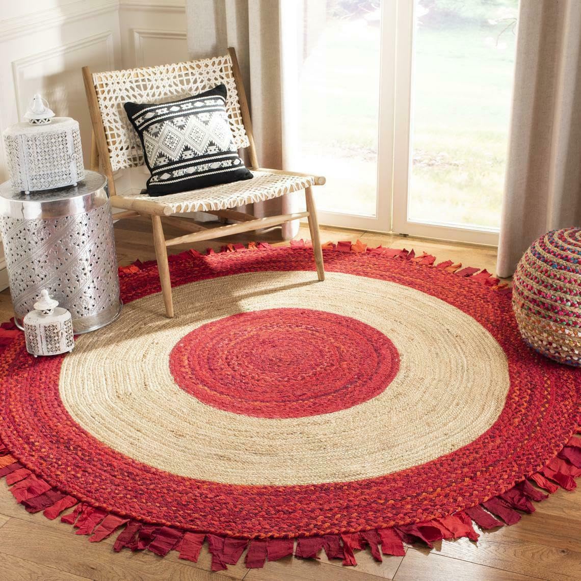 Tapis en jute et coton tressé beige rond 240 cm grand format salon