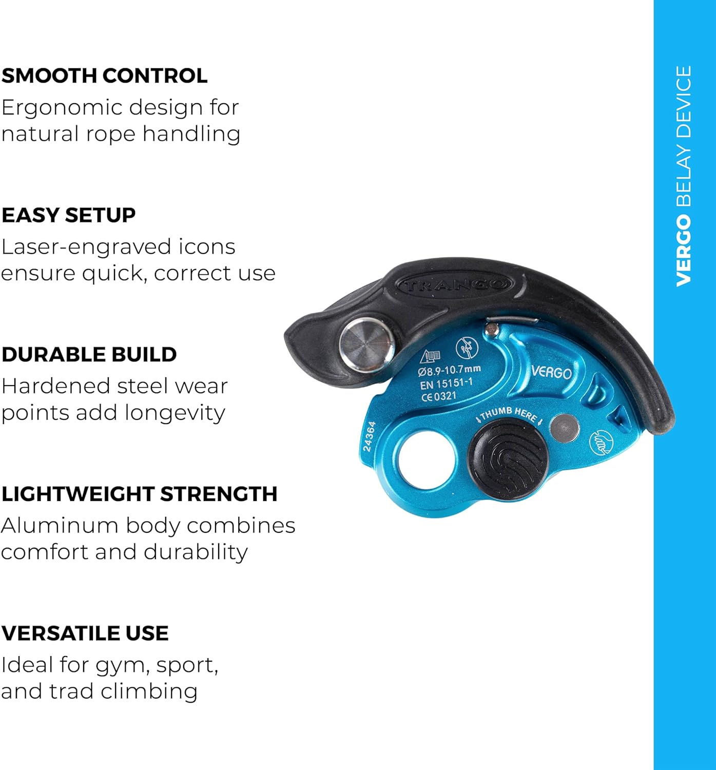 TRANGO Vergo Belay Device - Rock Climbing, Rappelling Protection, (8.9-10.7 mm Ropes)