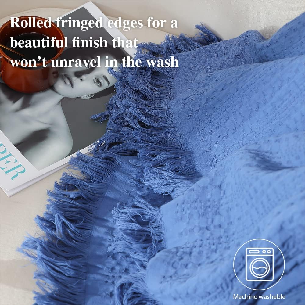 Simple&Opulence 100% Cotton Throw Blanket for Couch, Bed, Waffle Weave Cable Knit Blanket with Tassels, Soft Lightweight Pre-Washed Breathable Cozy Blanket Farmhouse Decoration for All-Season (Blue)