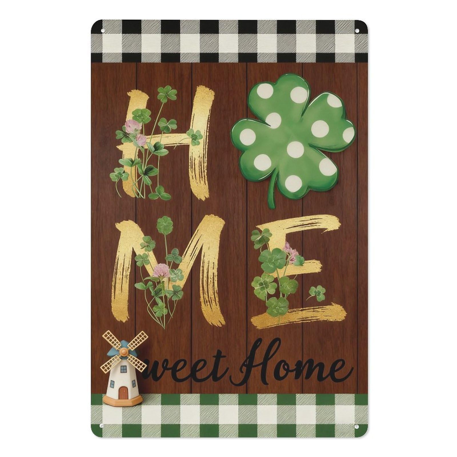 peiyeety Metal Tin Sign 8x12 Inch – Home Sweet Home Irish Clover Windmill Design Wall Decor Rustic Farmhouse Vintage Gingham Border Wall Art Plaque