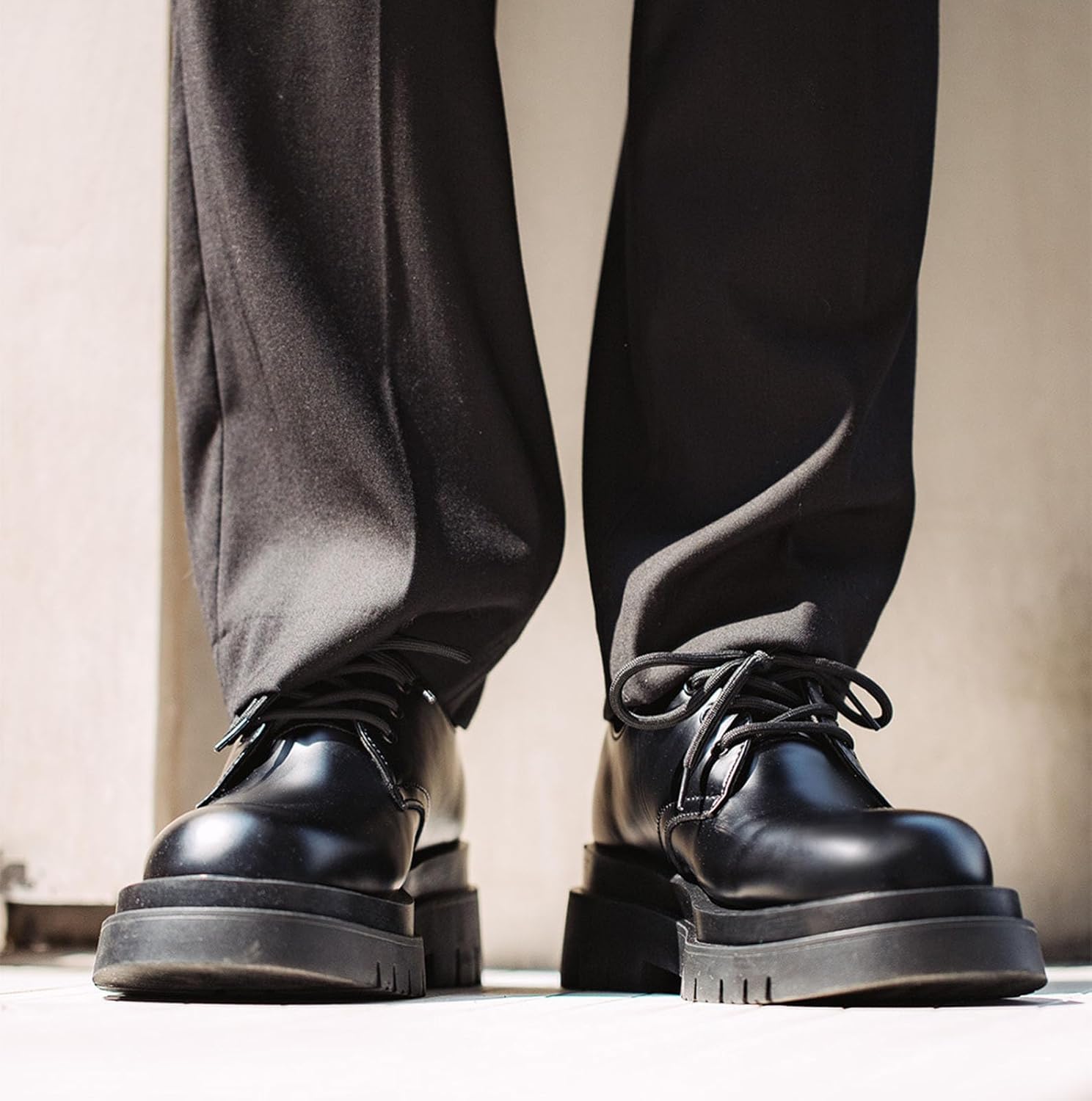 メンズ本革厚底ラウンドトゥレースアップレザーシューズ クラシックファッションブーストビジネスオックスフォードダービーシューズ, ブラ