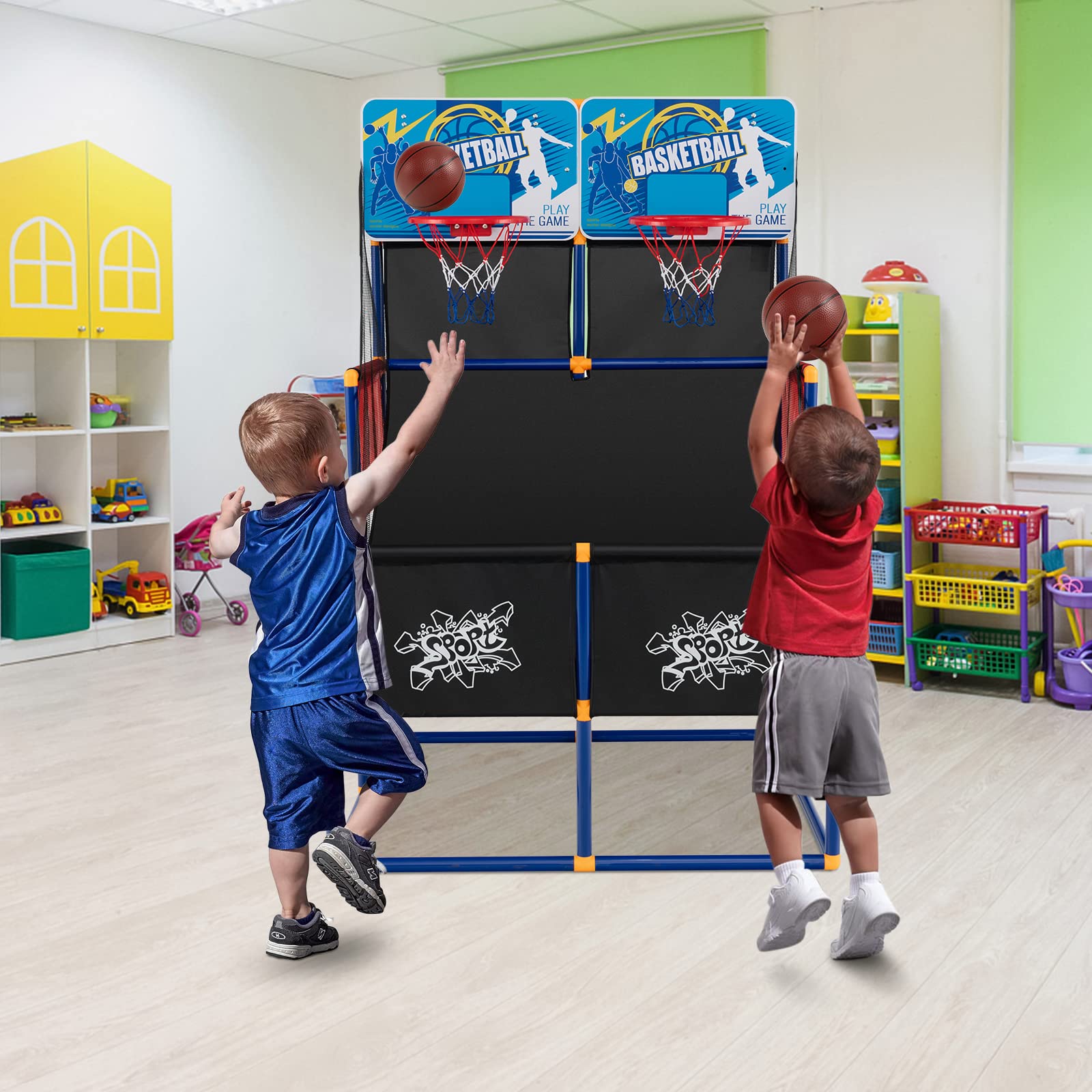 GOPLUS Jeu de Basketball Arcade Électrique d'Intérieur avec 2 Paniers, 4 Ballons pour Enfants, Machine de Tir Basket avec Pompe de Gonflage, Cadeau Jouet pour Garçons et Filles 3+ Ans