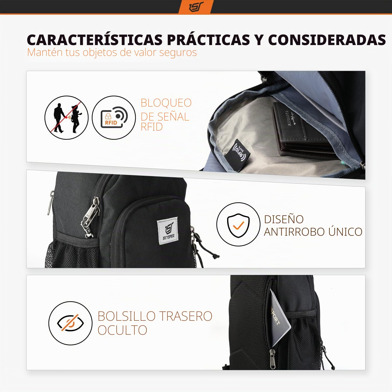SKYSPER Bolsos Cruzados Antirrobo con Protección RFID Bolsa de Pecho Bandoleras Pequeñas para Viajes Deportes Casual