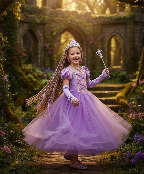 [Axaxa] プリンセス ドレス キッズ (プリンセスエプロン+魔法のステッキ+ティアラ)3点セット キッズコスチューム ワンピース イベント 演出 仮装 衣装 変装 舞台服 クリスマス ハロウィン 誕生日 プレゼント - 3