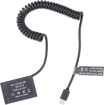 Fotga USB Type-C USB-C Power Adapter Cable + Decoded LP-E17 Dummy Battery DR-E18 Coupler for Canon R50 R50V R8 R10 R100 RP 77D 200D II 250D 750D 760D 800D 850D T6i T6s T7i T8i SL2 SL3 8000D 9000D