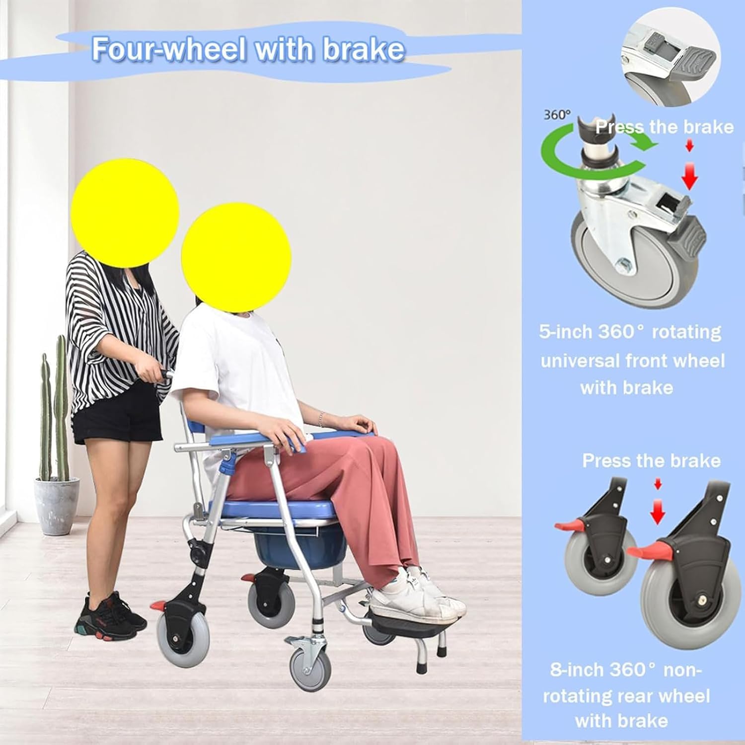Silla de ducha con respaldo de brazo y ruedas para ancianos y discapacitados, seguridad en el baño