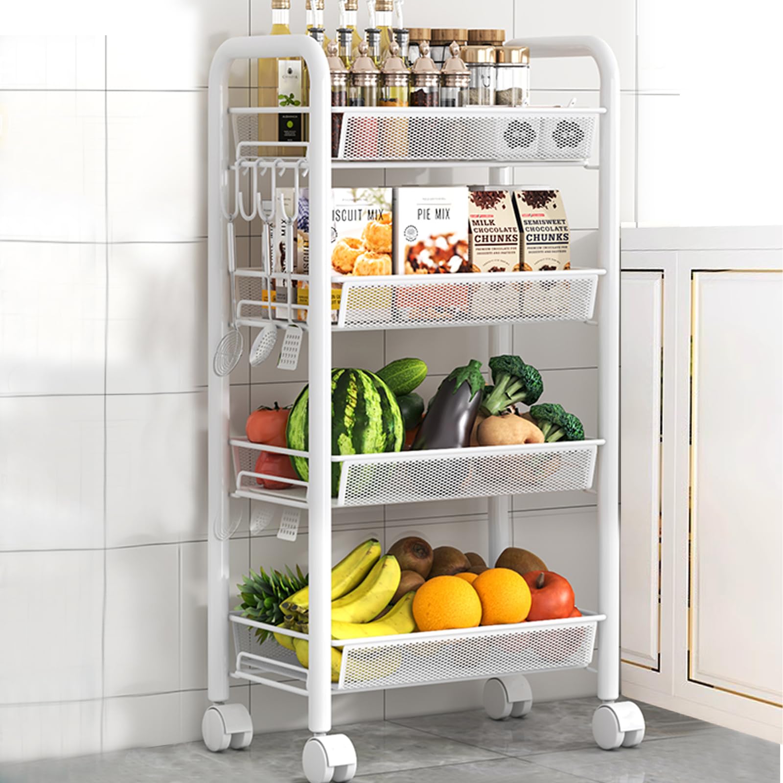LiveCool Mesh Vegetable Stand Steel, 4 Tier Onion Potato Rack for Storage, Metal Kitchen Trolley with Wheels, Trolley Rack for Kitchen, Living Room, Bedroom, White (KT02-W4)-image-44