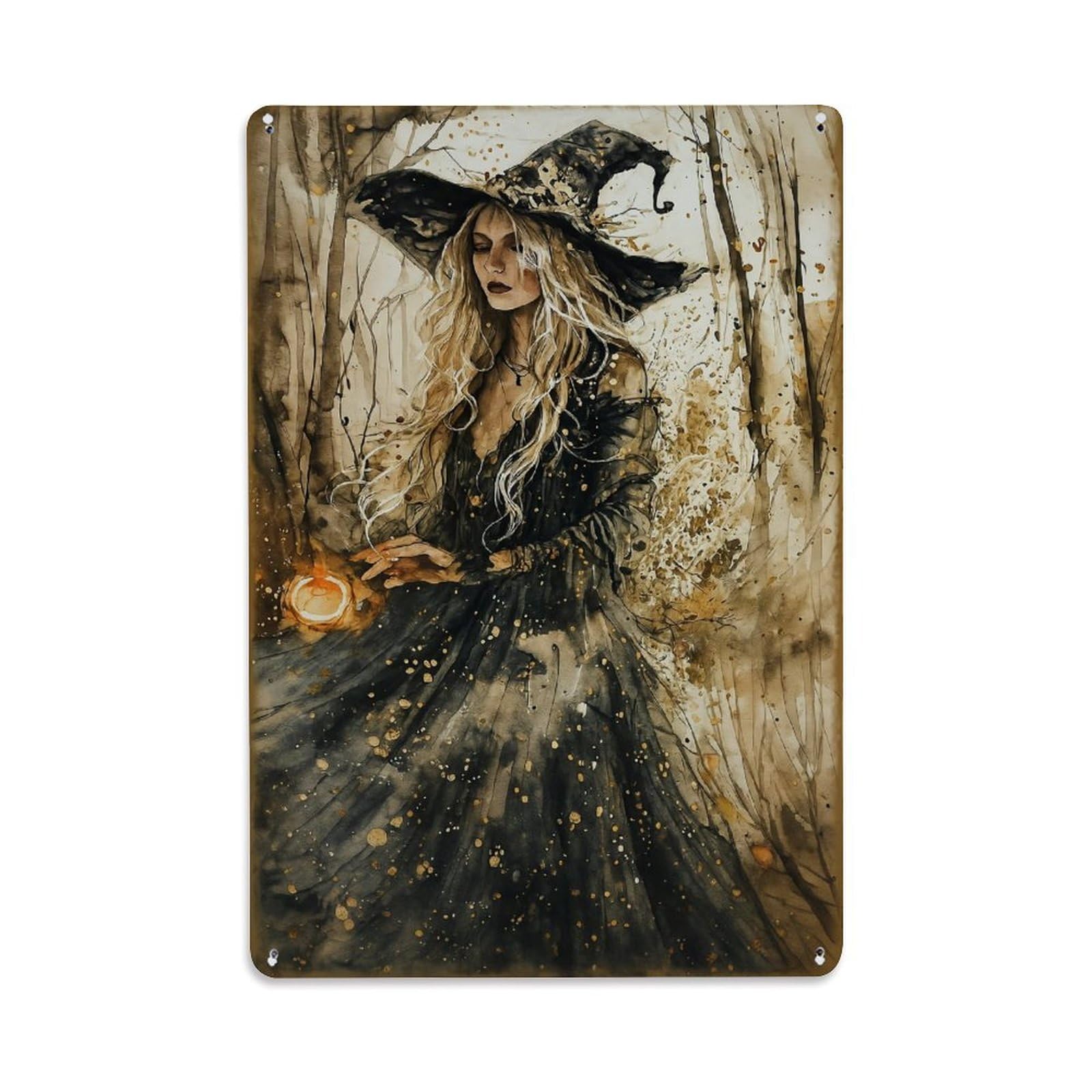 Witch In Forest With Magic Retro Metal Tin Sign, Vintage Metal Poster for Bar, Home, Man Cave, Kitchen, Laundry Room Art Decor 8x12 Inch