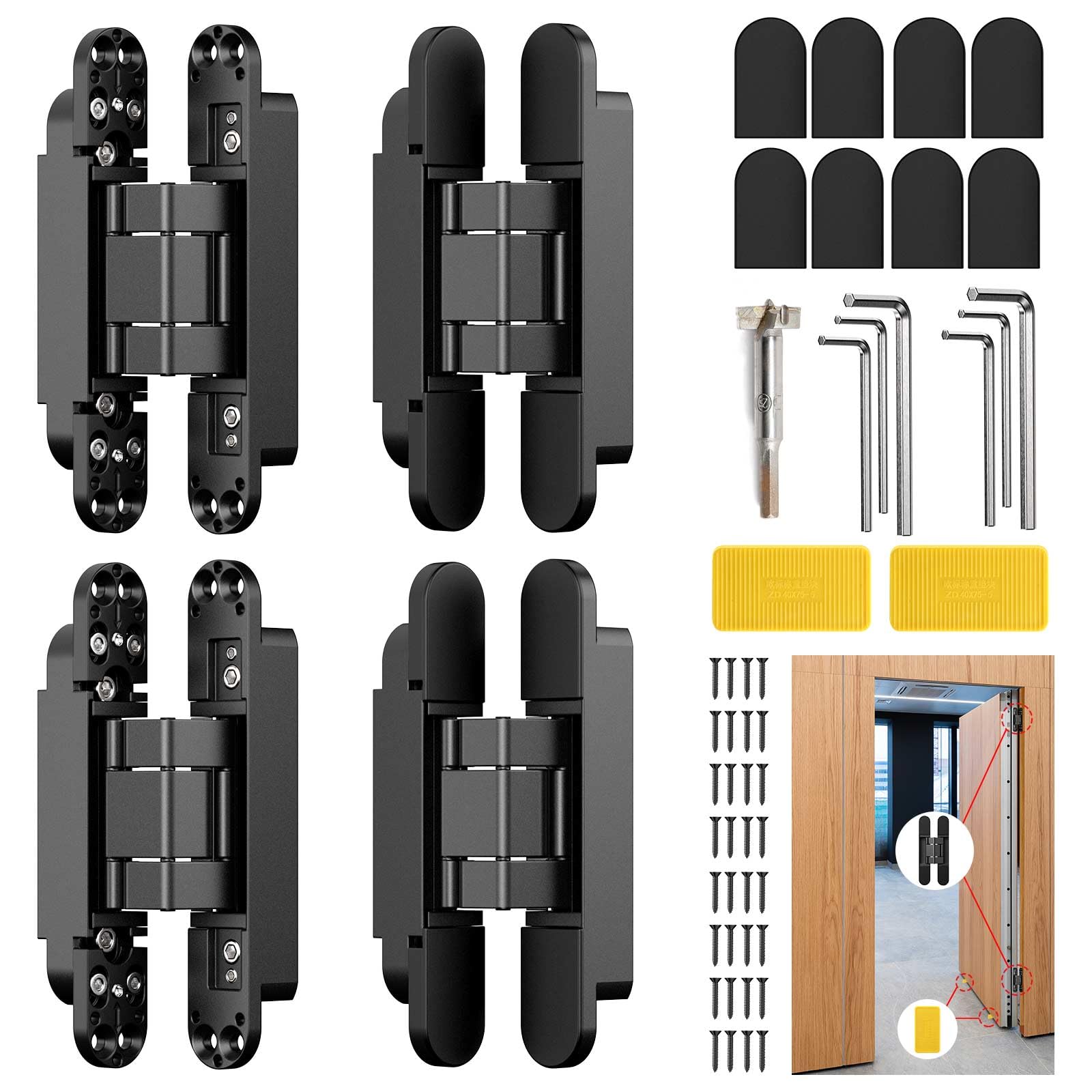 Lipshome 6" Hidden Door Hinge/Concealed Hinges,Invisible Hinges,Invisible Door Silent 180 Degree Swing Hinge 3-Way Adjustable Butt (4pcs Black, 6 inches)
