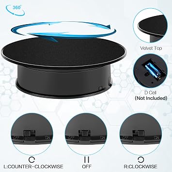 Upgrade 8 Ultra-Quiet Motorized Rotating Display Stand for Video Photography Products Display, 360 Degree Black Velvet Rotating Turntable for Jewelry 3D Models (Battery Operated, 10LB LOAD)