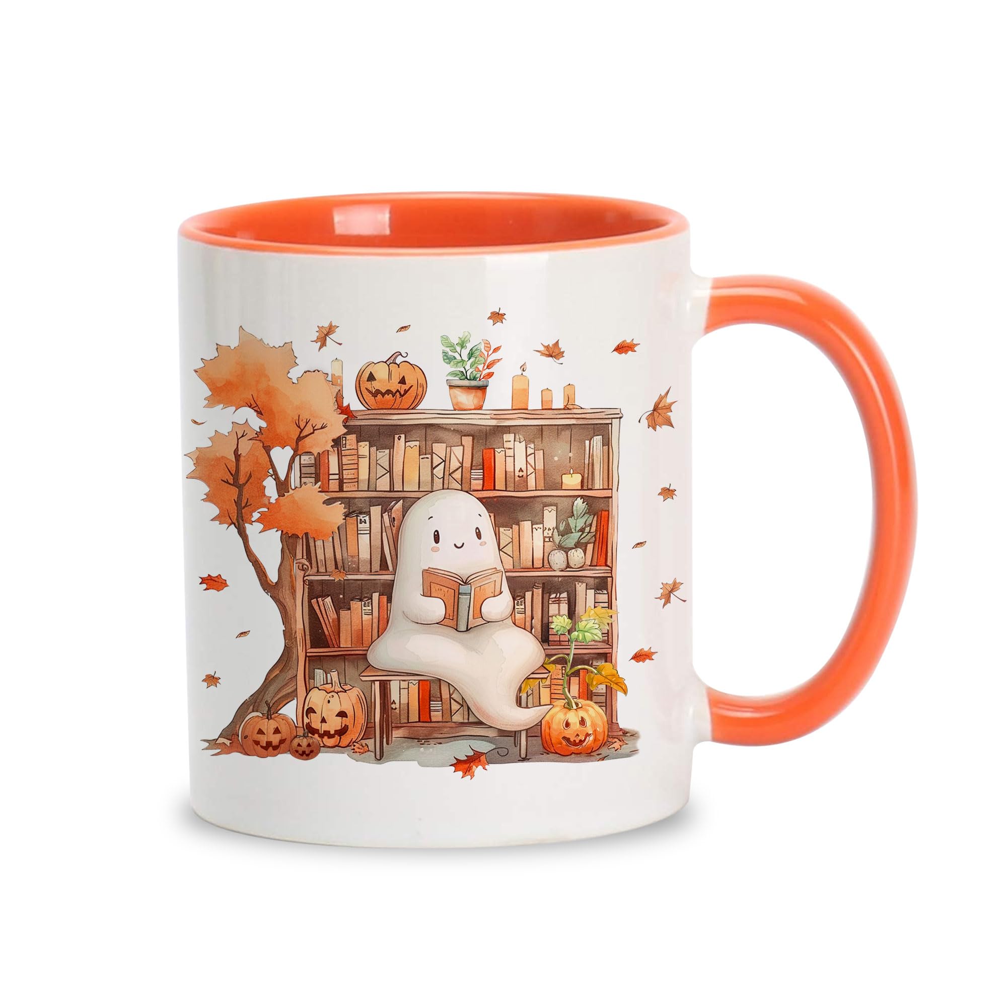 Hyturtle Fall Coffee Mug Cute Ghost Reading Book Mug Maple Leaves Pumpkin Autumn Gifts For Men Women On