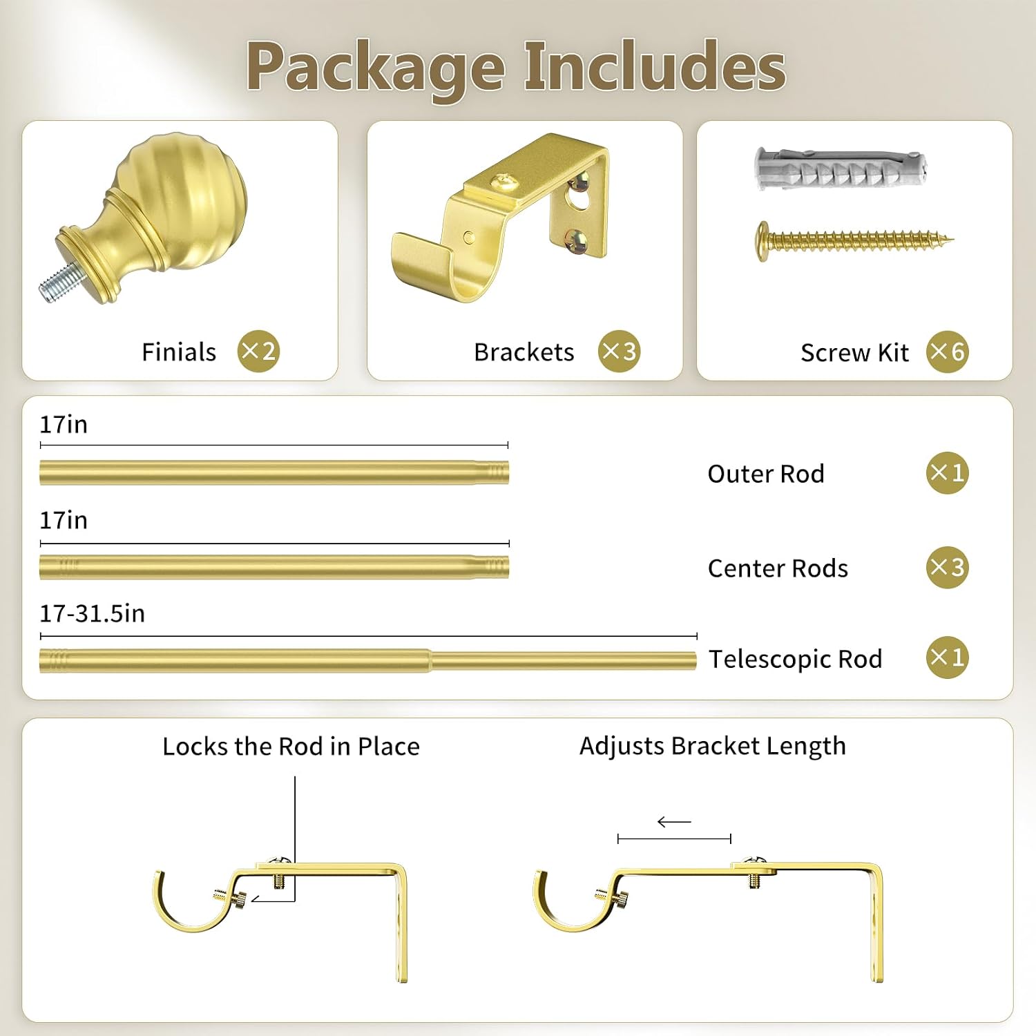 Gold Curtain Rod for Windows, 34-93 In Adjustable 1-Inch Heavy Duty Rod