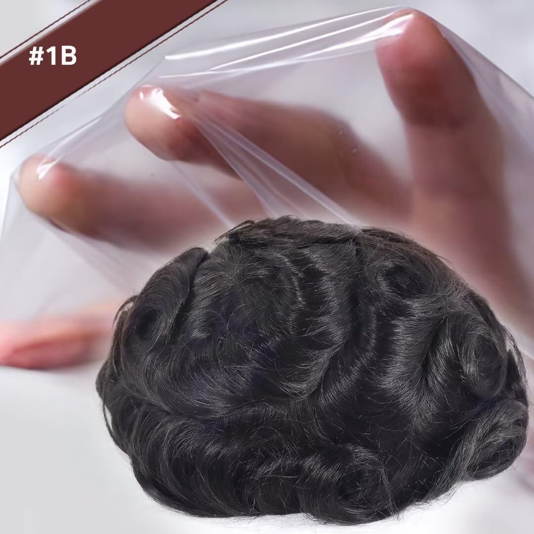 blazingfire Amiable Soft Man Human Hair Replacement System Ultra Pu Thin Skin Toupee Hair Piece for Men Male Hairpiece Wigs 8x10 Inch #1B Off Black