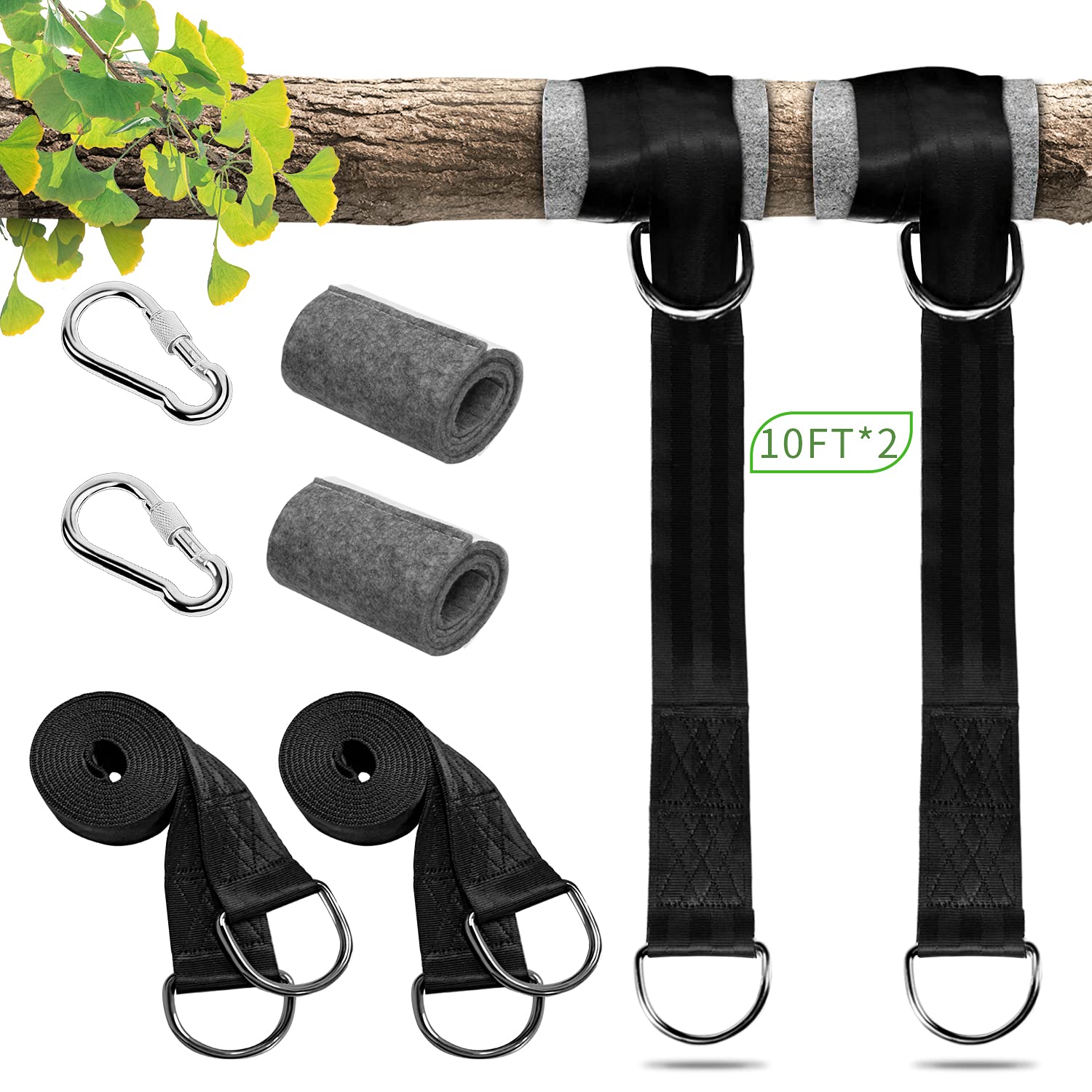 Tree Swing Straps,Outdoor Hammock Straps 10ft/3M Tree Swing Hanging Kit Long Swing Hammock Straps Tree Protectors Safety Carabiner Hooks Heavy Duty Max 2200lbs for Garden Swing Hammock Chair