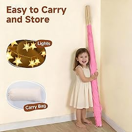 Sumbababy Kids Teepee Tent Indoor, Washable Cotton Canvas Play Tent with Tassel Trim, Foldable Toddler Tent for Girls & Boys Sleepover Party, Gift Set with Star Lights, Banner & Carry Bag, Pink