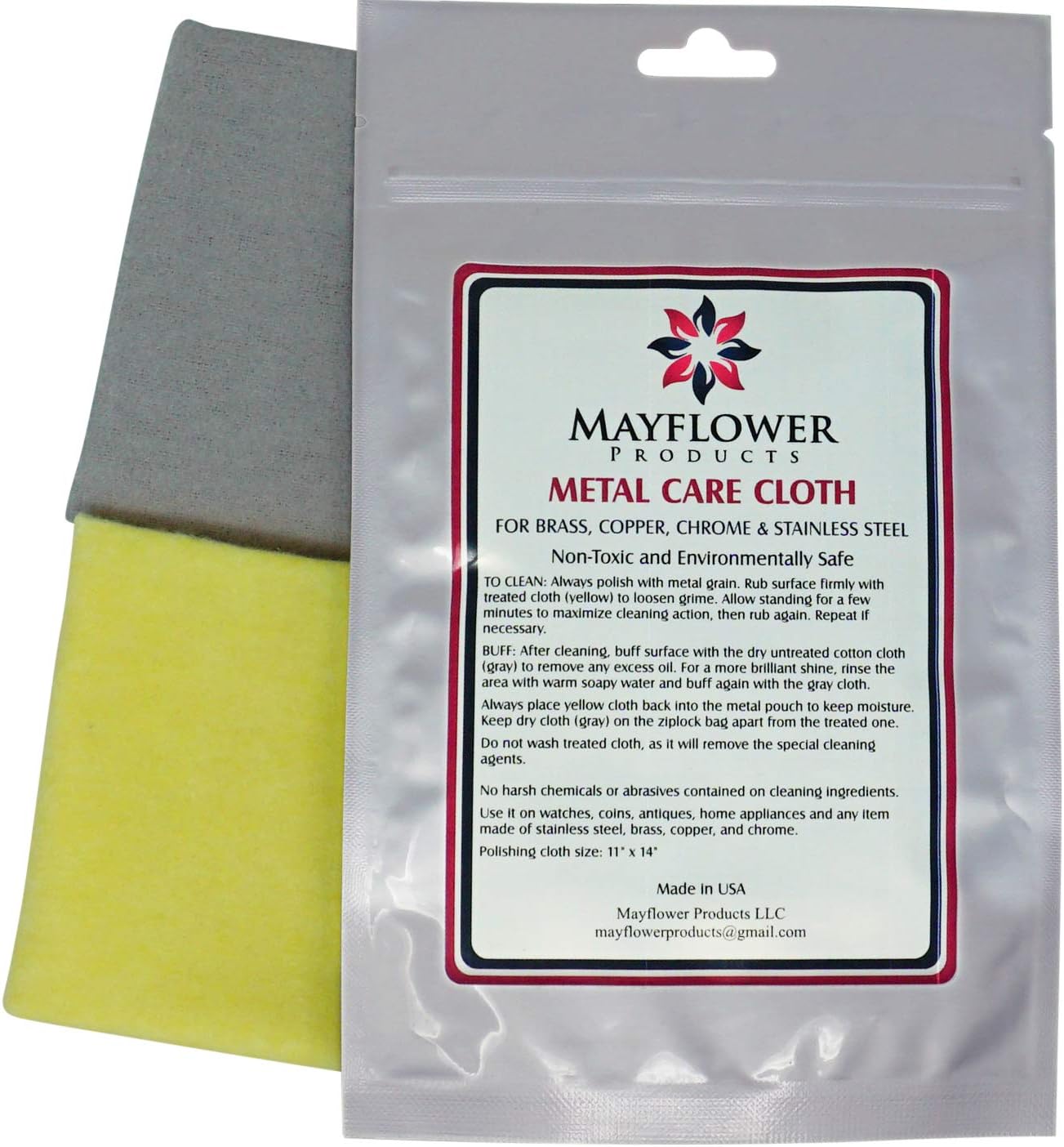 Metal Care Kit for Stainless Steel, Copper, Brass, Chrome. Made in USA, Non-toxic 11 x 14 Inch, 2 Cotton Cloth Set: 1 for Cleaning and Polishing, 1 for Finish Shine. Environment, User-Friendly Cleaner