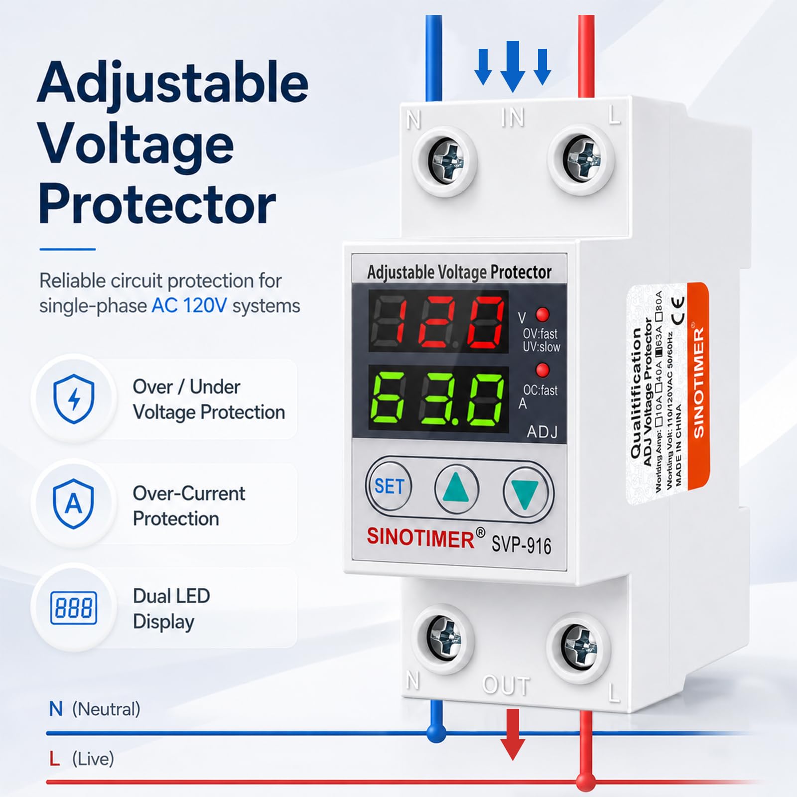 Protección contra sobrecorriente y bajo voltaje con reinicio retardado 63 A, protección de tensión, 230 V, pantalla LED doble, protección contra restablecimiento de tensión