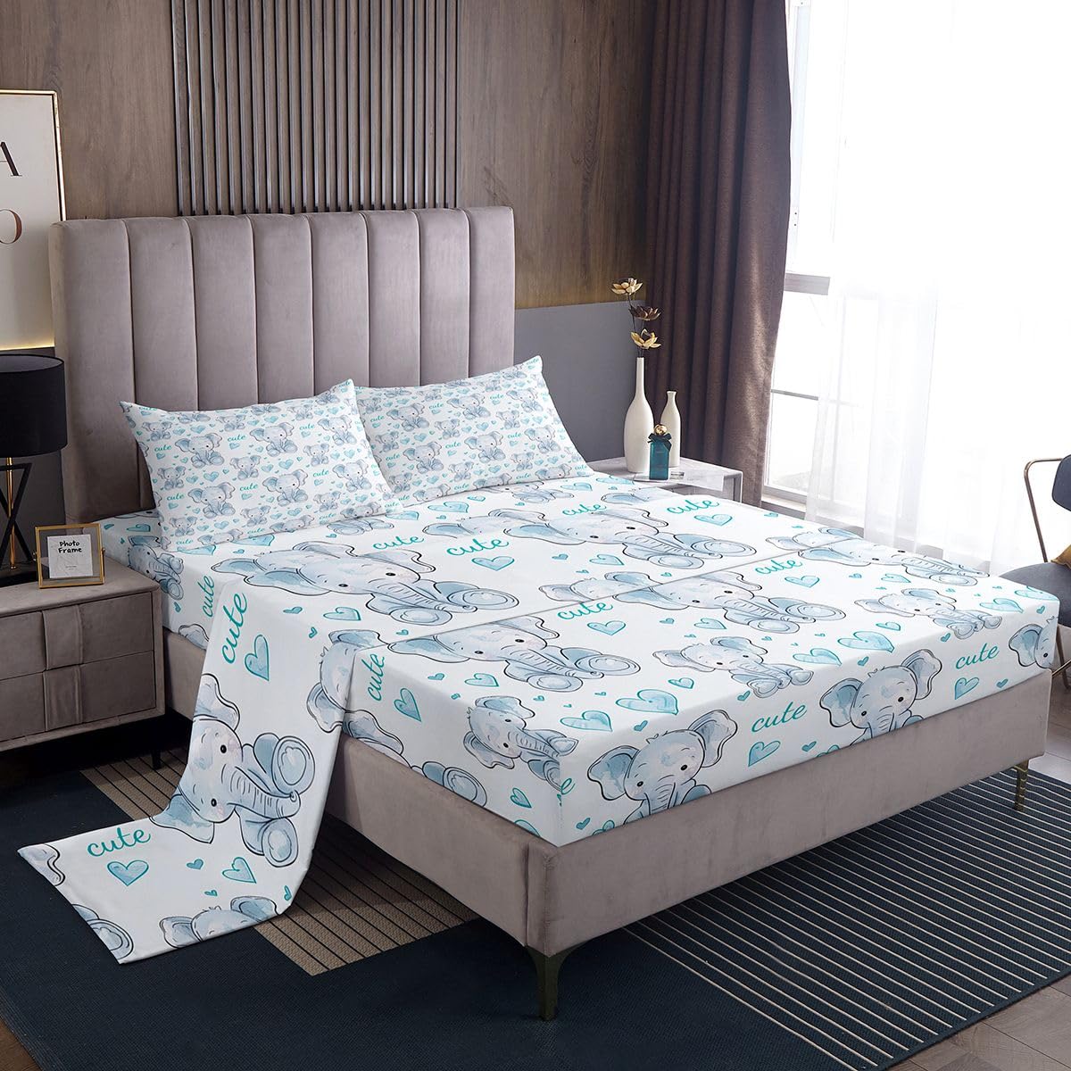 jejeloiu Cute Elephant Bed Sheets Set Twin Size Heart Bed Set for Kids Boys Girls Kawaii Deep Pocket Fitted Sheet 3D Wild Animal Pattern Breathable Soft Lightweight Microfiber Pale Blue