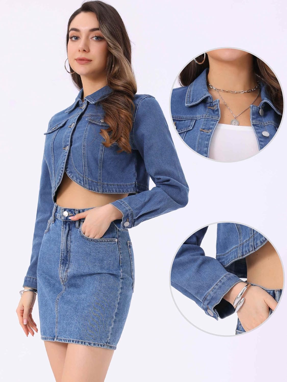 Allegra K Denim Jacket for Women's 2025 Casual Collared Long Sleeve Crop Jean Jackets - Image 3