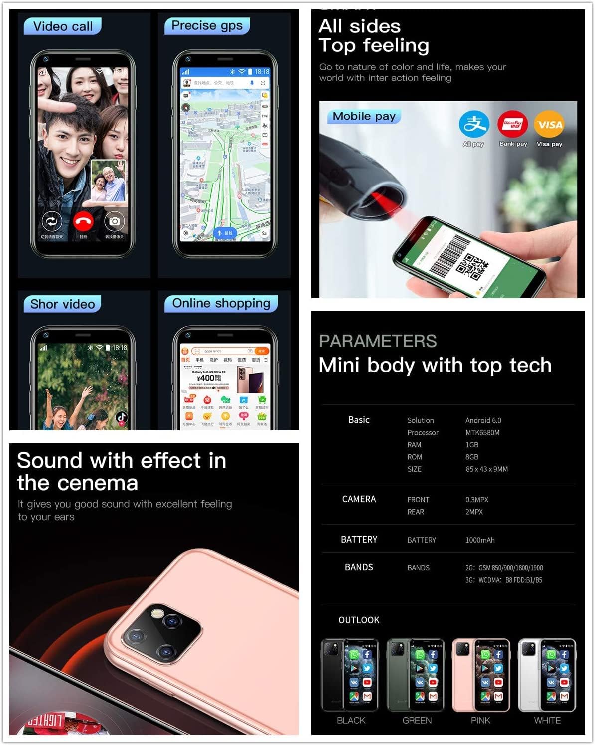 Collage demonstrating various uses of the Cuifati XS11 Mini Smartphone, including video calls, GPS navigation, online shopping, and listing technical parameters.
