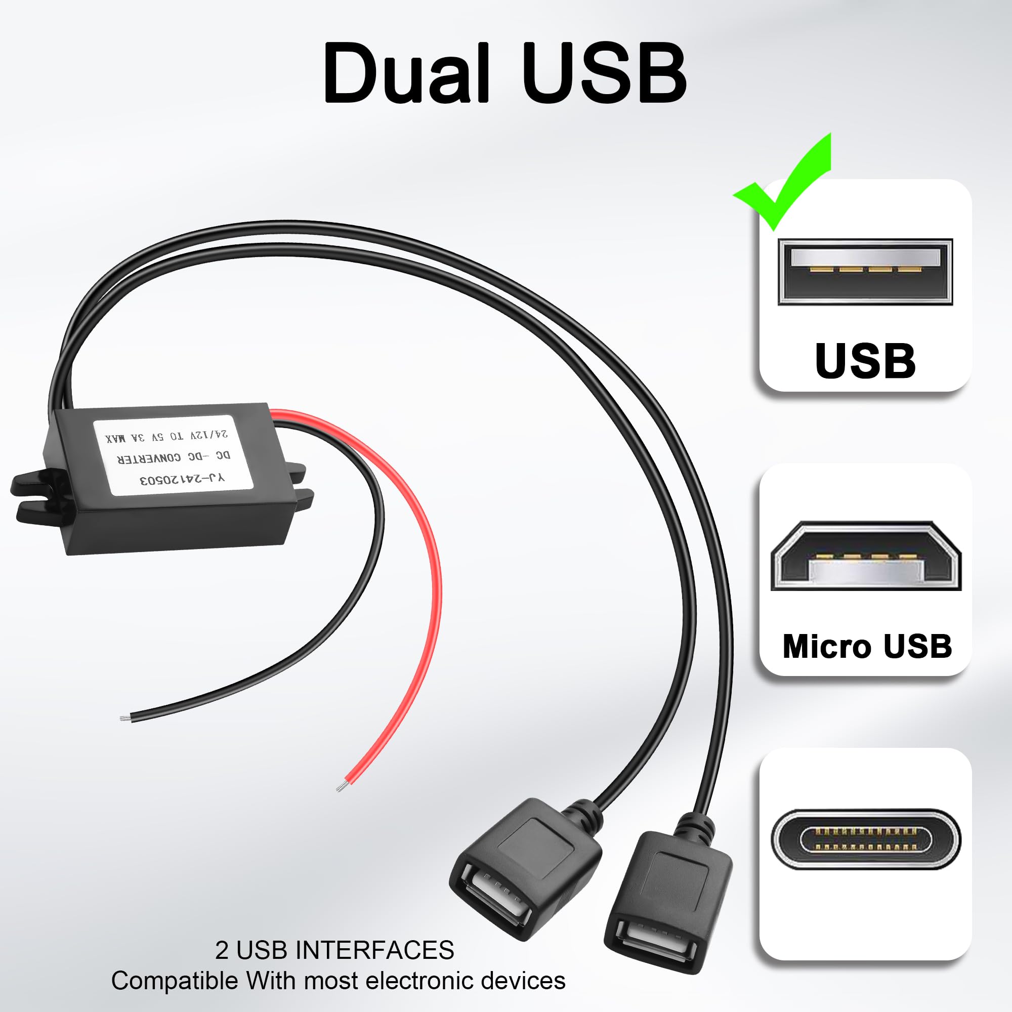Convertitore di alimentazione femmina USB doppio da 12V 24V CC a 5V 3A 15W Adattatore di alimentazione step down DC-DC,adattatore di alimentazione con modulo buck impermeabile per auto