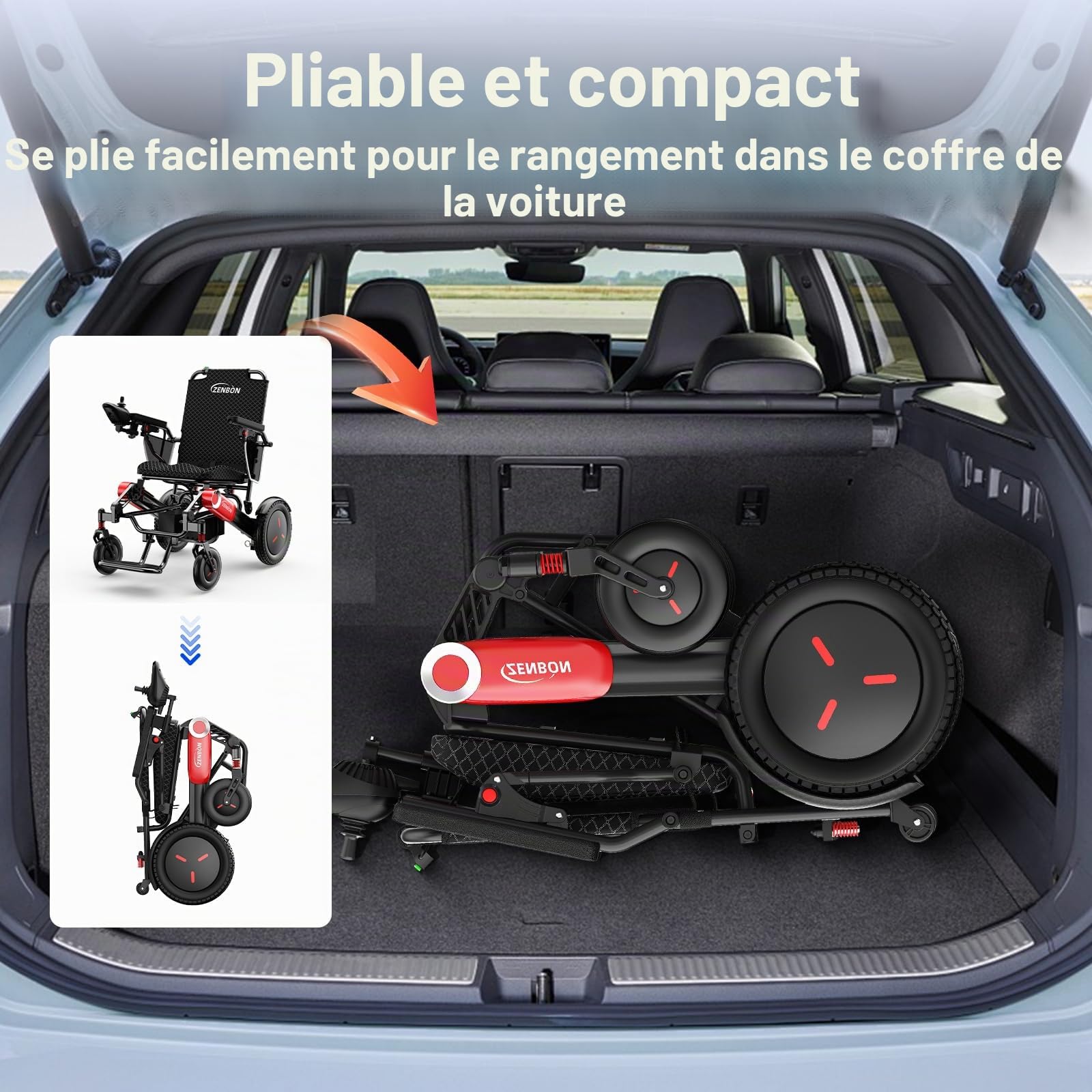 Fauteuil Roulant Electrique Pliable Leger 48 KM: 700 W Fauteuil Roulant Electrique pour Personnes Agées avec lumière LED et Bouton d'aide à la Poussée Arrière, 2 x 12 AH Double Batterie