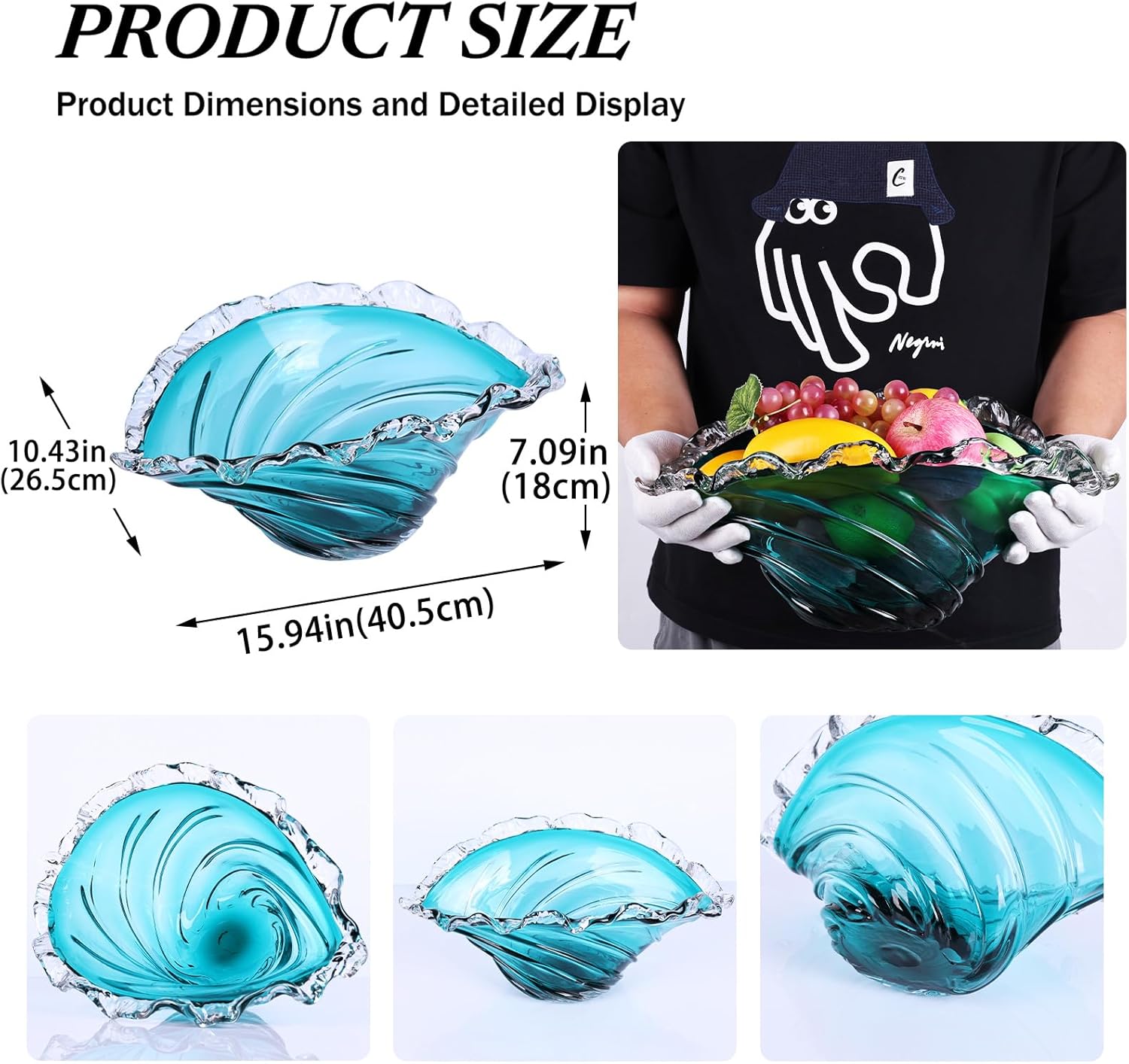 16in Fruit Bowl, Blue Glass Fruit Bowl - Hand-Blown Blown Glass Art Vortex Wave-Shaped Ruffled Rim Large Bowl, Crystal-Like Decorative Bowl for Home Decor, Centerpiece Bowl & Housewarming Gift