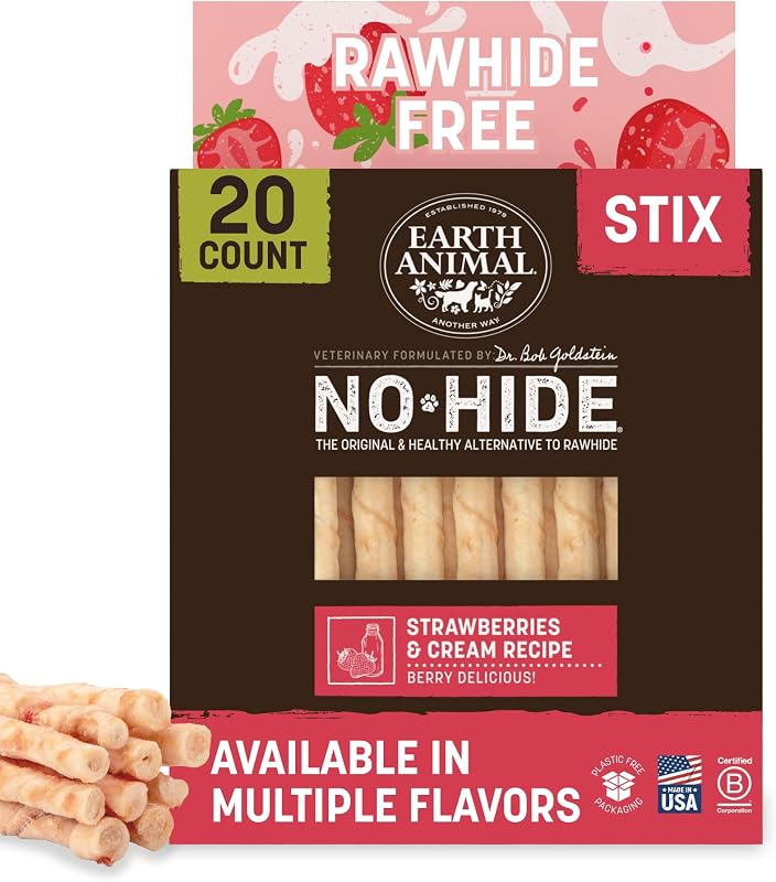 Palitos mastigáveis para cães pequenos No-Hide Stix Earth Animal, morango e creme, Pacote com 20