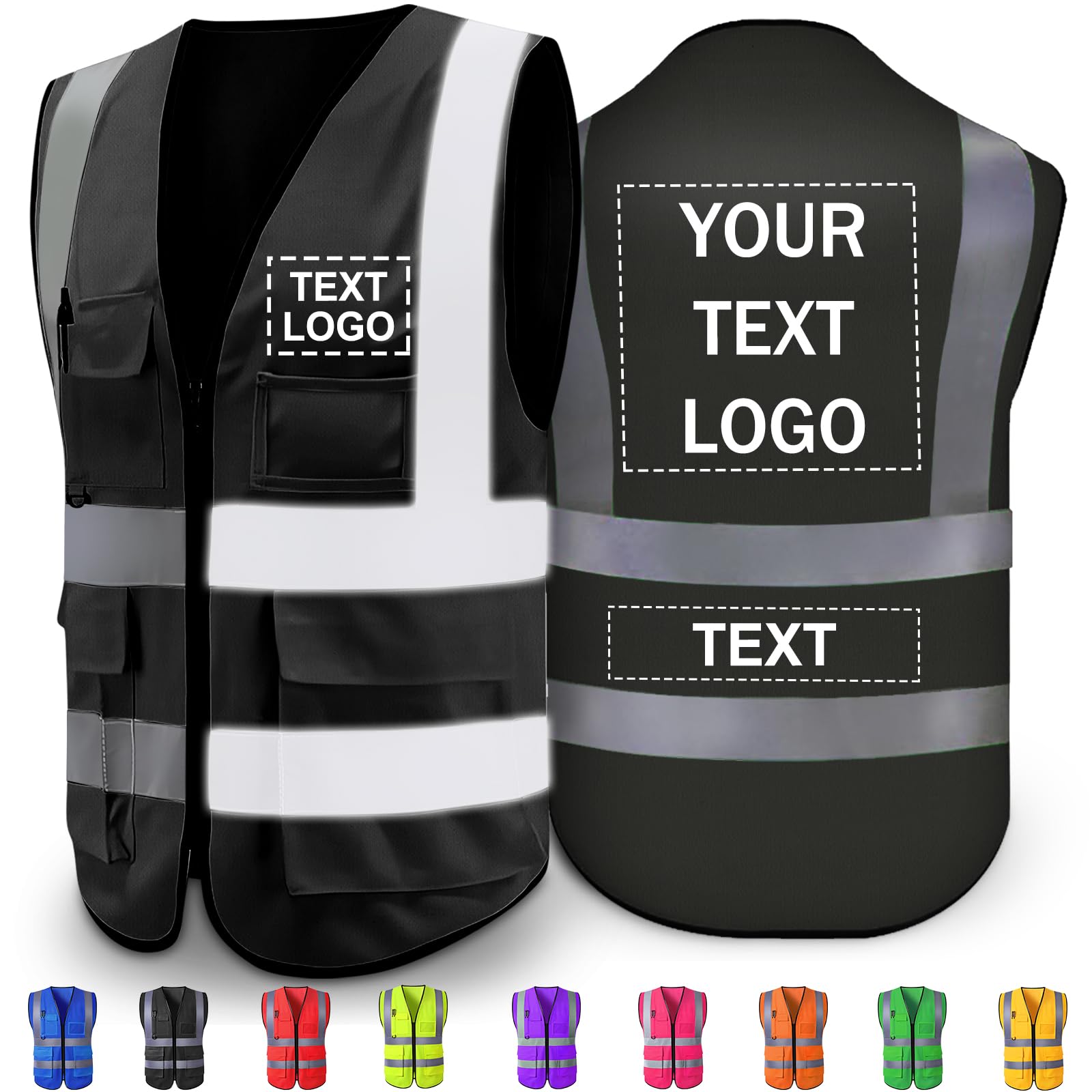 Custom Reflective Safety Vest High Visibility with Pocket Zipper Class 2 for Men Customize Logo Text for Construction Workwear,Black Medium