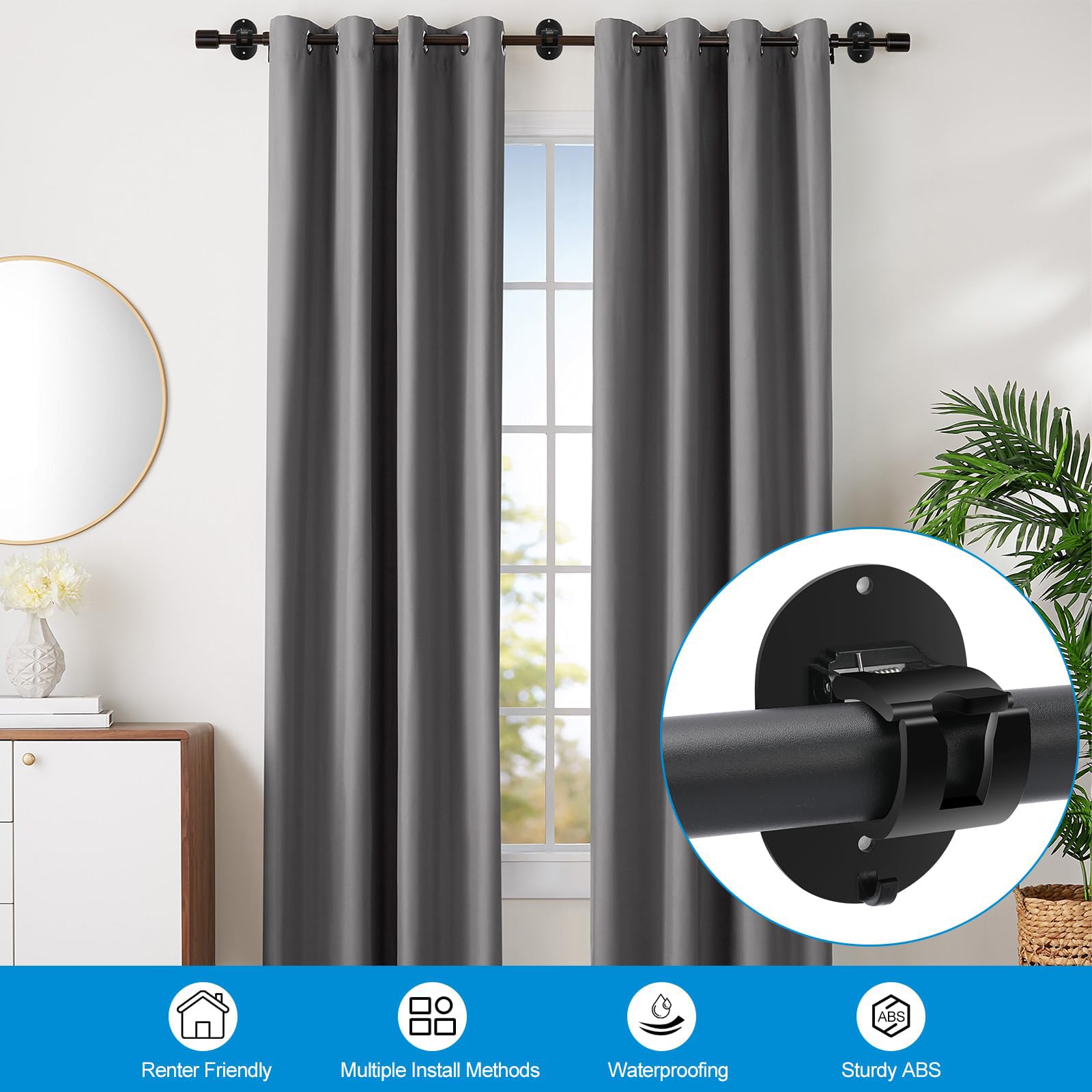 Support Tringle à Rideaux Sans Perçage - 8 Pièces Adhésifs, Pour Mur Lisse, Salle De Bain, Chambre - 6