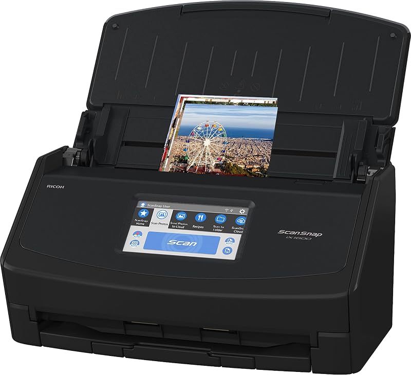 Escáner de documentos de alta velocidad ScanSnap iX1600 inalámbrico o USB, negro | Habilitado para la nube | Fotos y recibos | Pantalla táctil grande | Alimentador automático de documentos | mac o pc