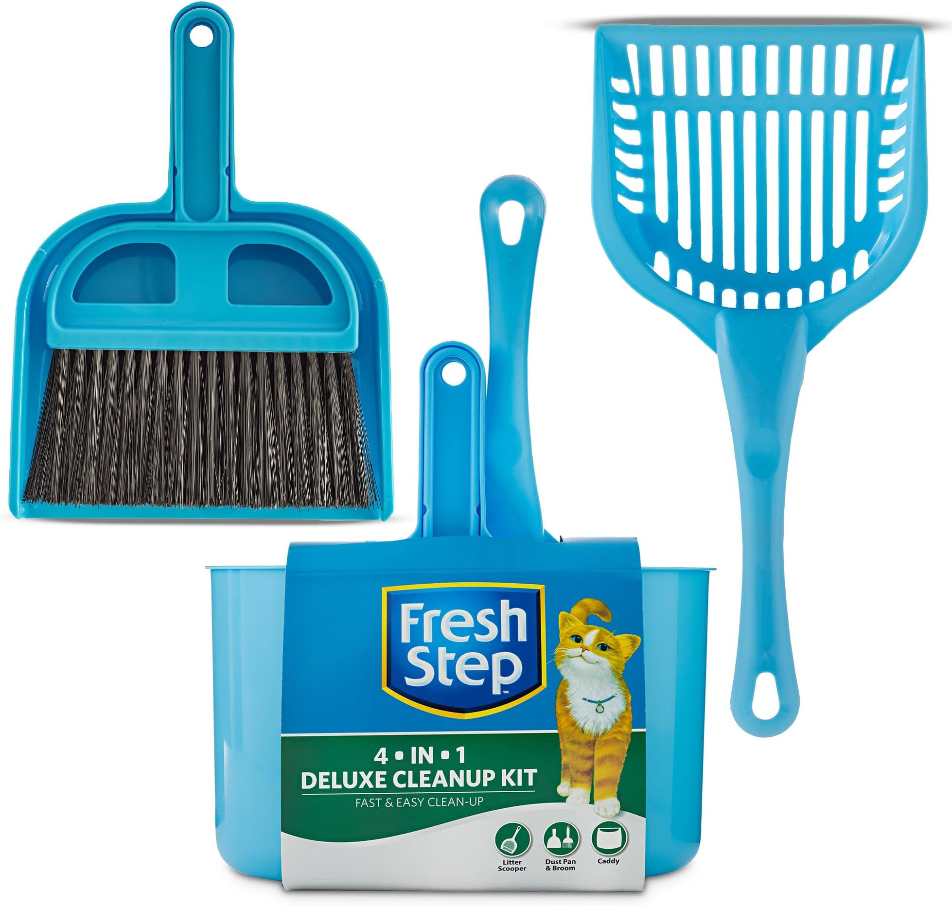 Fresh Step 4-in-1 Deluxe Litter Cleanup Kit - Cat Scoop, Broom, Dust Pan, and Hanging Caddy, Compatible with Standard Plastic Litter Pans and Disposable Litter Boxes, Blue