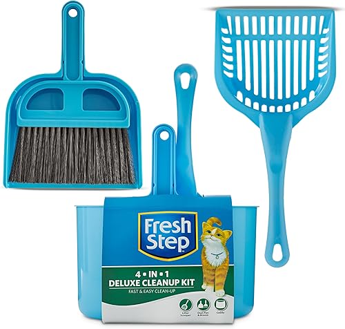 Fresh Step Kit de limpieza de arena para gatos 4 en 1, suministros de limpieza de arena para gatos, incluye cuchara para gatos, recogedor, escoba y