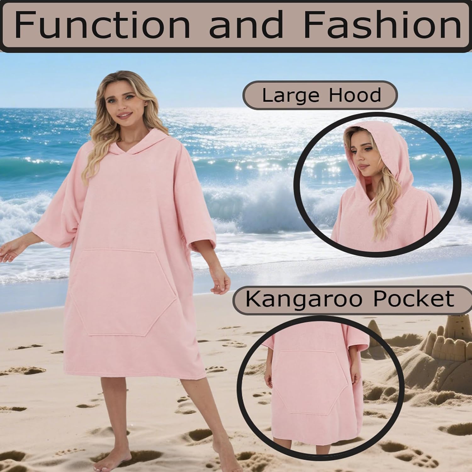 Surf Poncho Hooded Beach Towel, Quick Dry Terry Cloth, Extra Large Changing Robe with Pockets for Adults, Unisex Skin Pink Cover-Up for Swim, Bath, Beach, Gift for Swimmer Lovers - Image 3